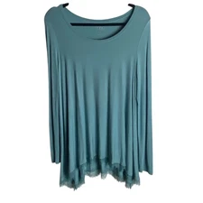 Logo By Lori Goldstein Size Small Tunic Top Blue Lace Hem Scoop Neck Stretchy