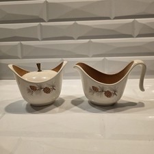 Vintage Taylor Smith Taylor Creamer & Sugar Bowl With Lid PINECONE Pattern FALL