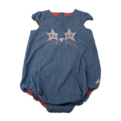 Little Marc Jacobs Cotton Chambray Bloomer Bubble Romper Blue Cat Embroidered