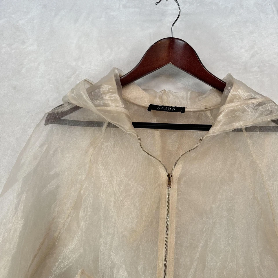 Chaqueta AKIRA Mujer Grande Beige Transparente Organza Con Capucha Cremallera Ligera Bombardero Foto 2 de 4