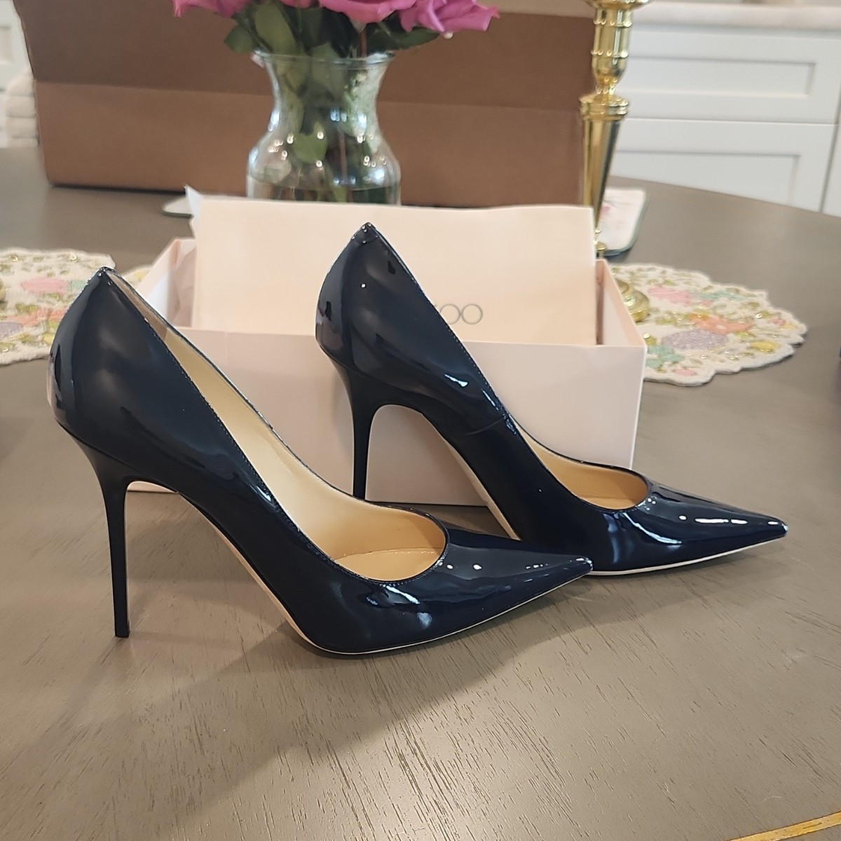 Jimmy Choo Patent Leather Navy Pointed Toe Stiletto Pumps Women's