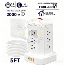 Surge Protector Power Strip Tower Flat Plug Extension Cord 5 Ft with 12 Outlets