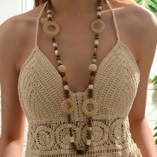 Boho Long Wood Beaded Necklace Natural Rattan Circle Summer Gift for Women Beach