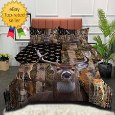 Deer Bedding Set Queen Size Comforter with American Flag Camo Design for Boys