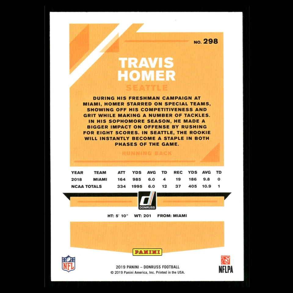 Travis Homer Rookie #298 2019 Donruss Seattle Seahawks Football Card NFL - Image 2 of 3