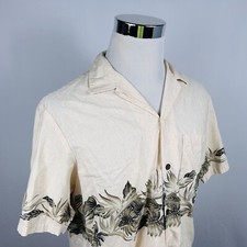 RJC Large USA Made Hawaiian Aloha Shirt Beige Gray Floral Palm Fronds Cotton