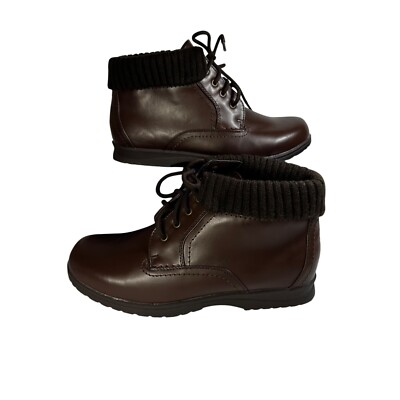Basic Editions Womens Brown Ankle Boots Size 9.5 Knit Cuff Lace-Up Closure
