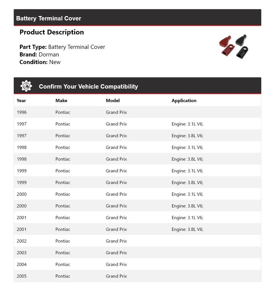 Cubierta de terminal de batería para Pontiac Grand Prix Dorman 1996-2005 1997 1998 1999 Foto 2 de 4