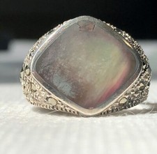Sz 7.25 Beautiful Retro Abalone Shell and Marcasite Sterling Silver Square Ring