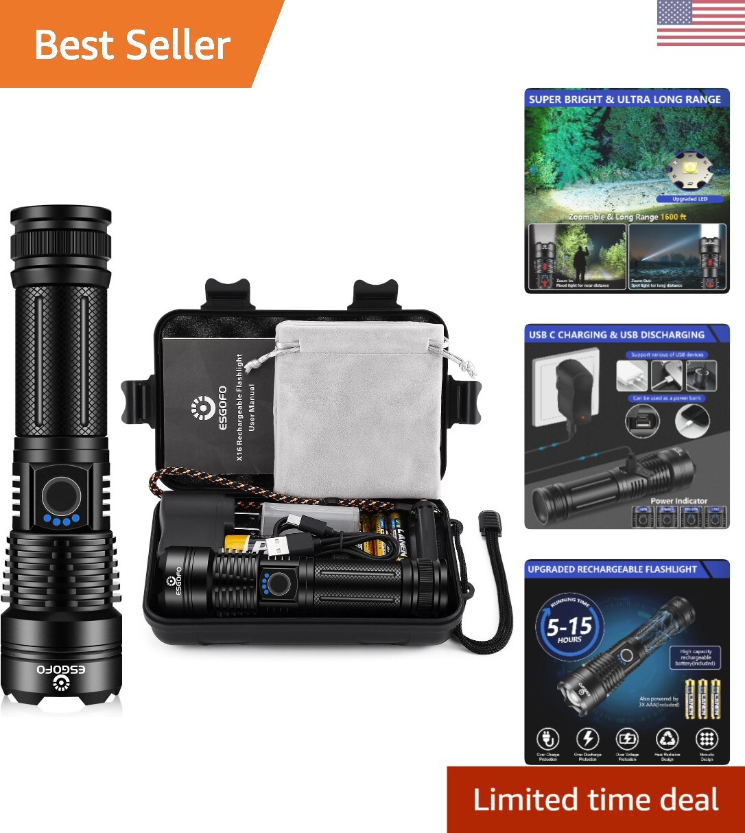 High Power 900000 Lumen Rechargeable LED Flashlight Super Bright