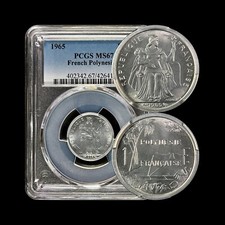 FRENCH POLYNESIA. 1965, 1 Franc - PCGS MS67 - Top Pop 🥇 Island Scene, Outrigger