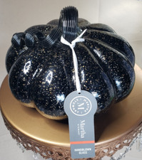 Martha Stewart Hand Blown Art Glass Large Black Pumpkin Curly Stem Halloween