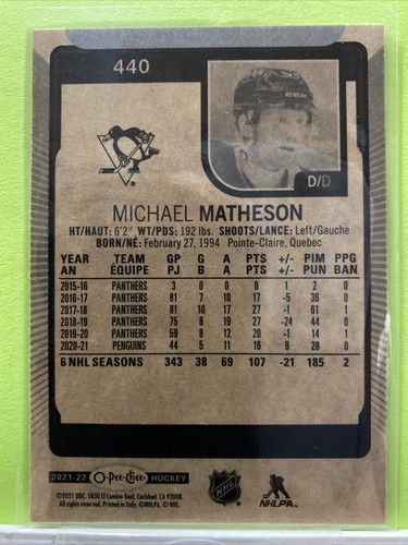 Michael Matheson 2021-22 O-Pee-Chee Hockey Base Pittsburgh Penguins #440 - Picture 2 of 3
