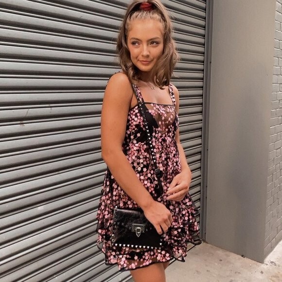 RARE For Love Lemons Mini Dress Black Pink Cherry Blossom Sequin