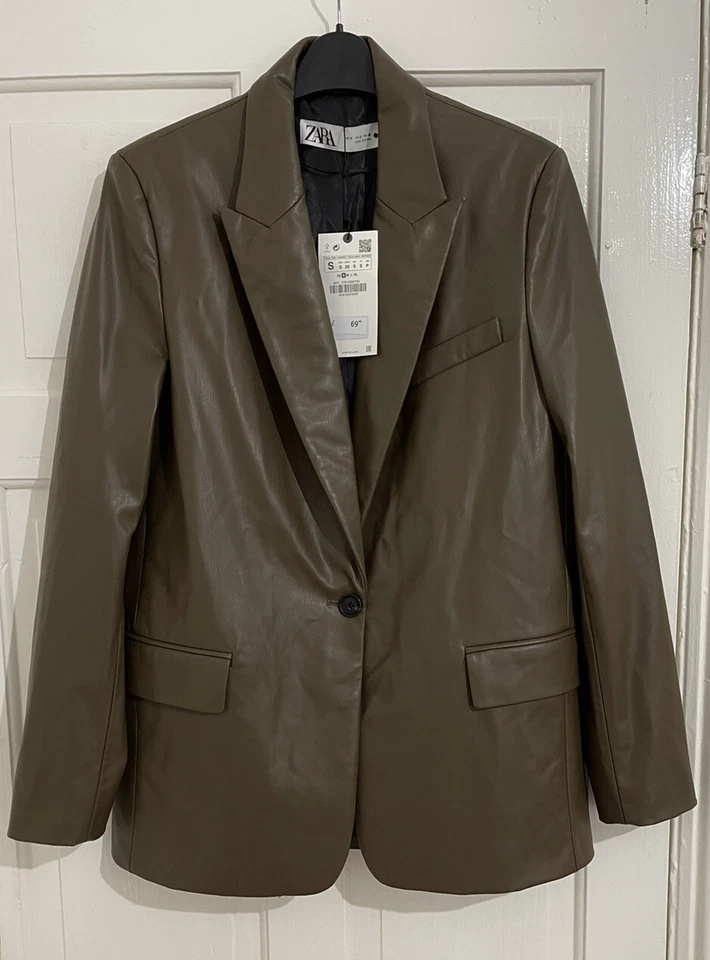 CHAQUETA BLAZER ZARA MARRÓN IMITACIÓN CUERO CON HOMBRERAS, BOLSILLOS TALLA S NUEVA CON ETIQUETAS Foto 4 de 4
