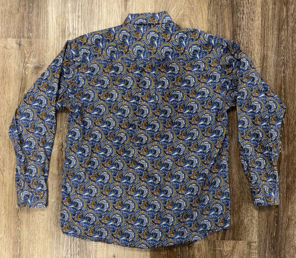 Camisa masculina Cinch tamanho M manga longa média botão azul laranja estampa paisley rodeio - Imagem 4 de 4