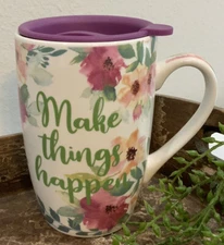 Old East Main Co “Make Things Happen”Botanical Rose Coffee Tea Cup Mug W Lid NWT