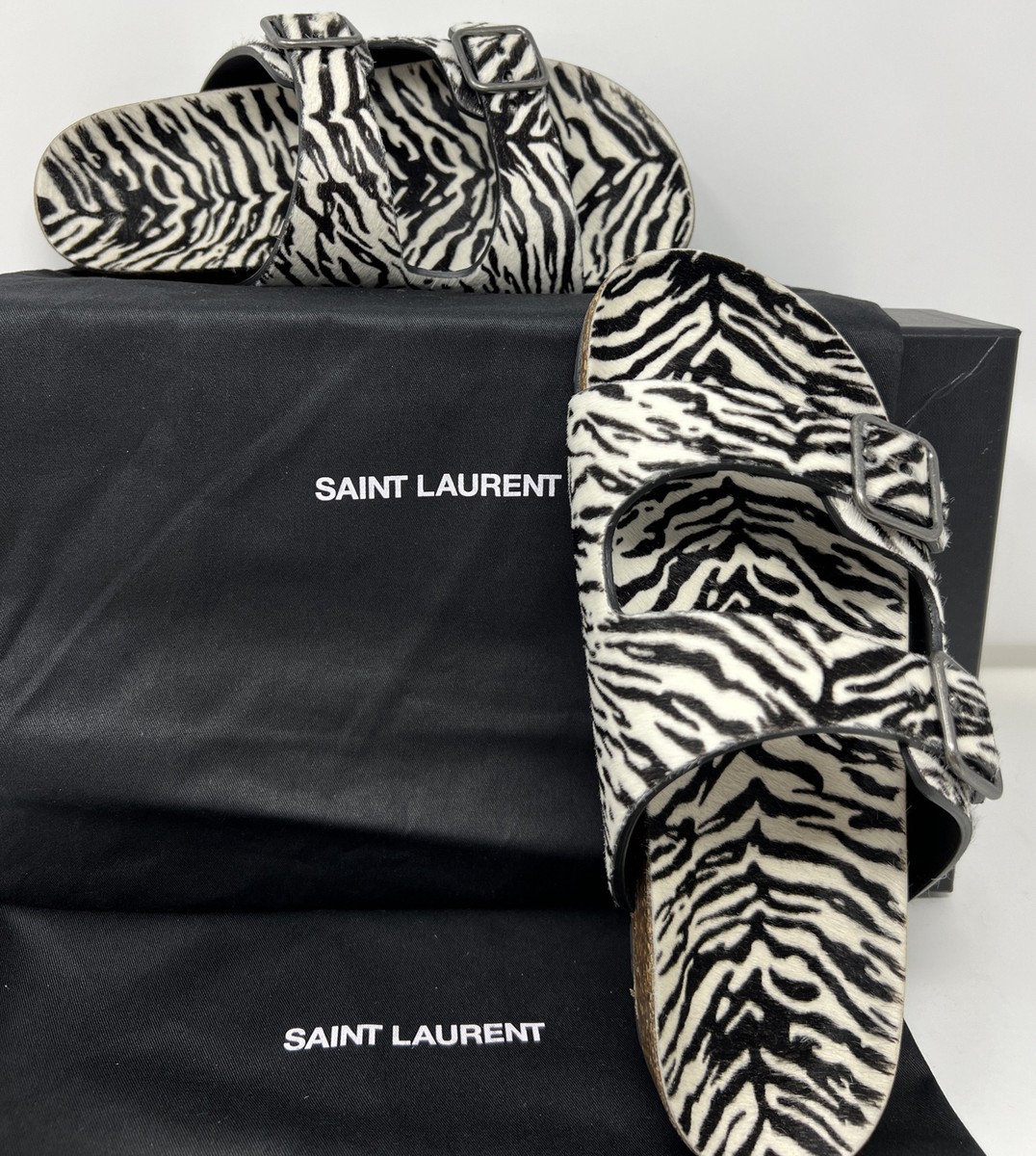 NIB YSL Saint Laurent Paris Pony Jimmy Flat Sandals Leopard 40FUR