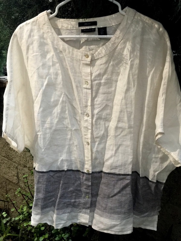 Tahari 100%Linen~Oversized Boxy~Ombre Gray border~M-L~Lagenlook Top Tunic Blouse