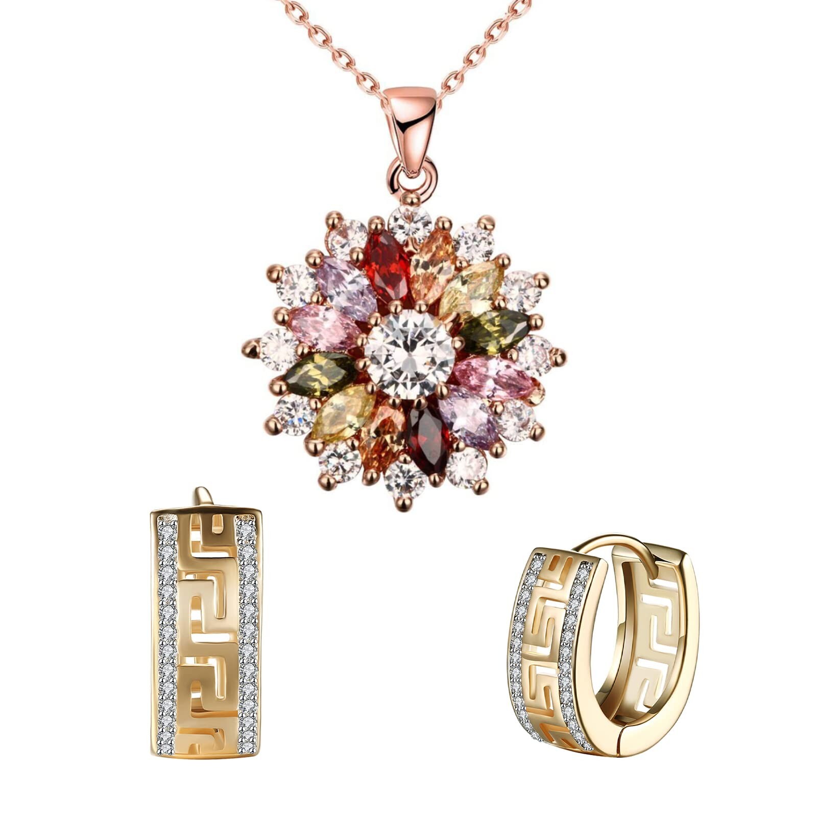 Colorful Snowflake Pendant Necklace with Double Row Hoop Earring Set in 18K