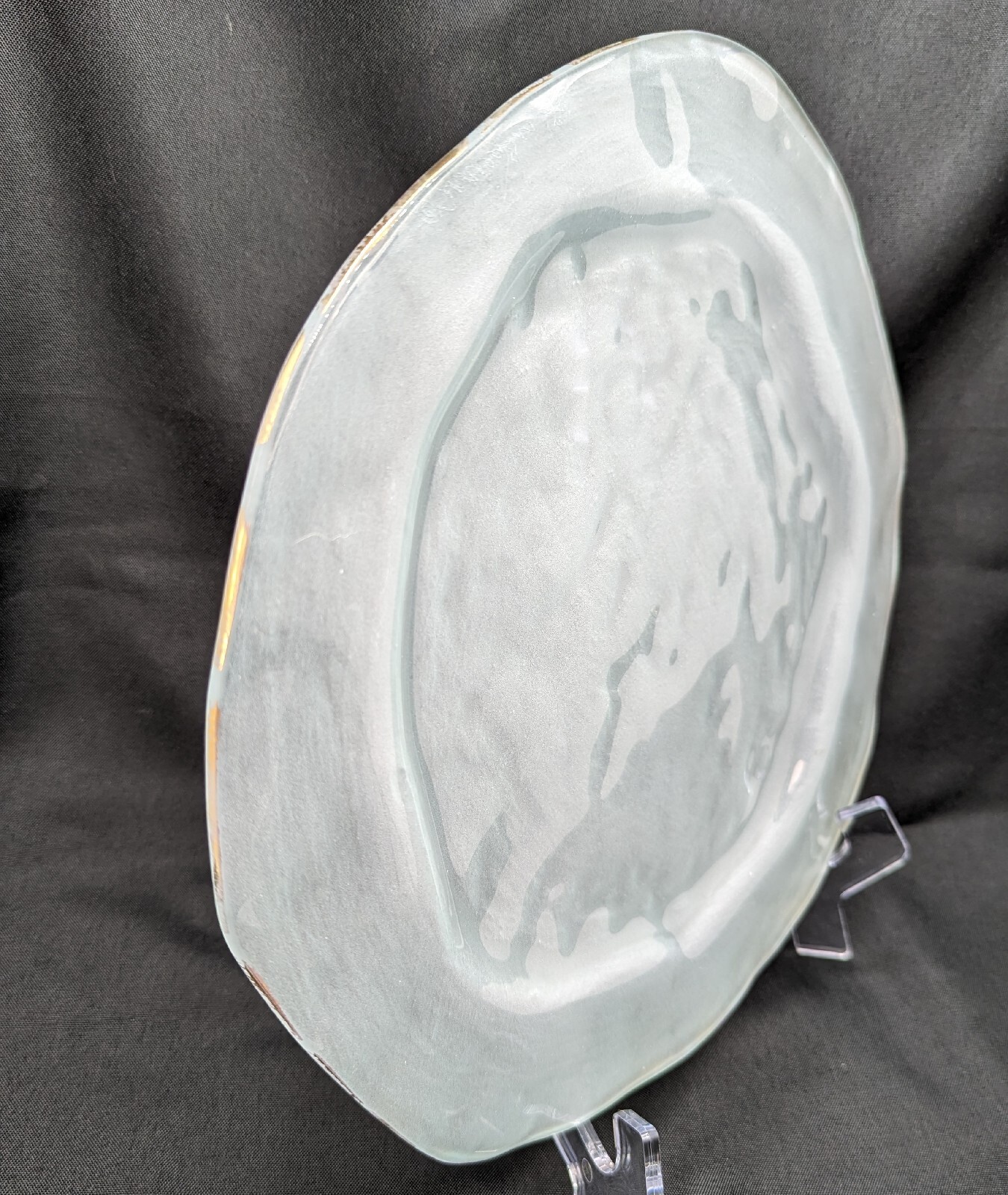 Annie Glass Frosted Freeform Platter Tray 12.5 in Gold Accent Signed Beach Ocean