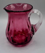 Pilgrim Cranberry Art Glass Hand Blown Creamer/Syrup Pitcher w Clear Reed Handle