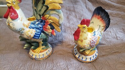 Pre-owned Set of 2 FITZ AND FLOYD Ricamo Rooster Hen Candlestick Candleholders 