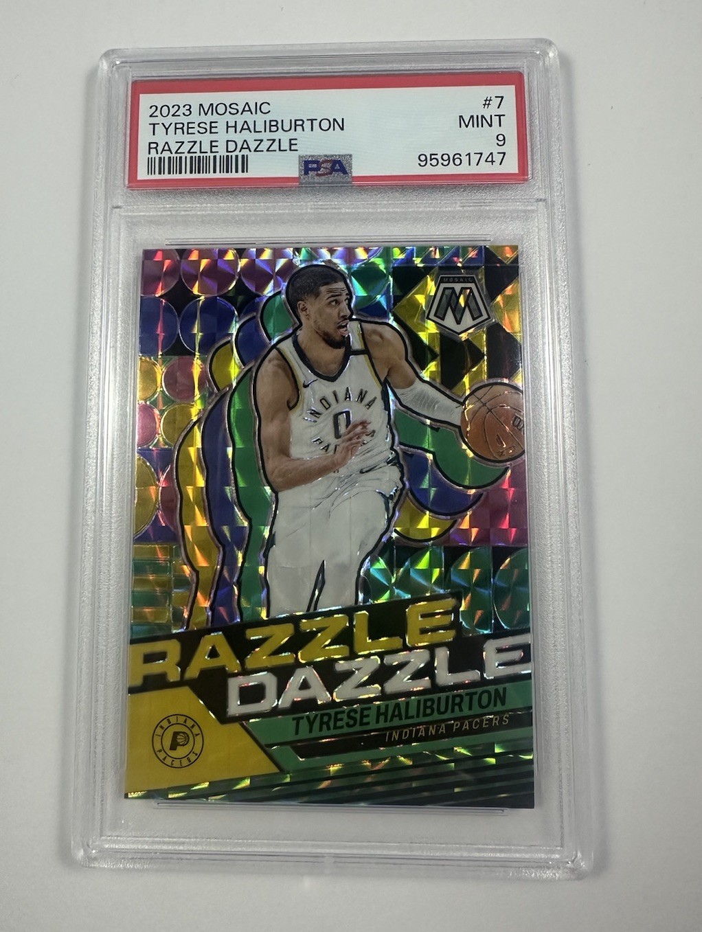 2023-24 Panini Mosaic Tyrese Haliburton Razzle Dazzle #7 Case Hit SSP PSA 9