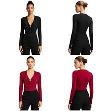 Women Leotard Long Sleeve Bodysuit Buttoned Crotch Romper Office Waterfall Top
