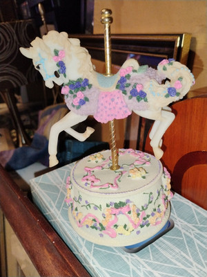 Resin Floral Carousel Horse Music Box Figurine Pink & Blue on Decorative Base
