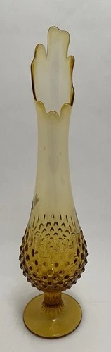 Vintage MCM 1970s Stamped Fenton Amber Swung Vase 14.5” Hobnail Pedestal Base