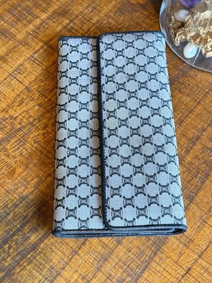 CELINE Macadam Pattern Bifold Long Wallet Grey Canvas Black Leather Authentic