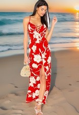 $180 SHOW ME YOUR MUMU Maxi Dress S LEYTON Front Slit Lace Up Floral Beach