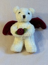 Russ Berrie Angel Teddy Bear White Plush with Rose  Wings 5 Inches Tall EUC
