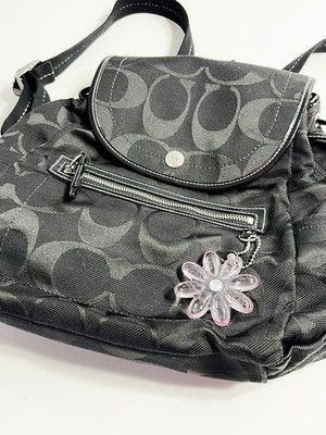 Coach Kyra Daisy Backpack F16548 Black Signature Nylon Pink Lining Charm-EUC