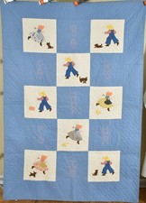 Whimsical Vintage Farm Animal Applique Child's Antique Crib Quilt NICE BLUE 