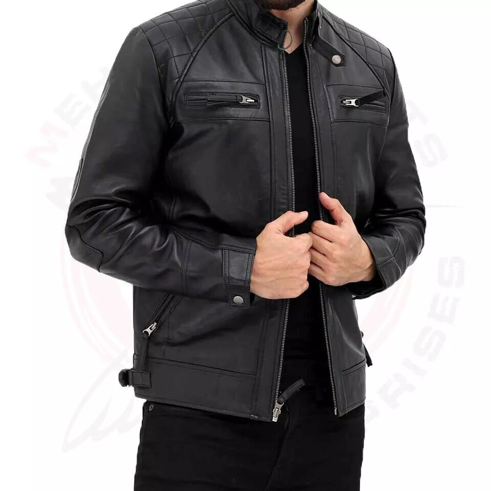 Exclusive Stylish Biker Formal Lambskin Mens Jacket Racer Collar pockets Leather