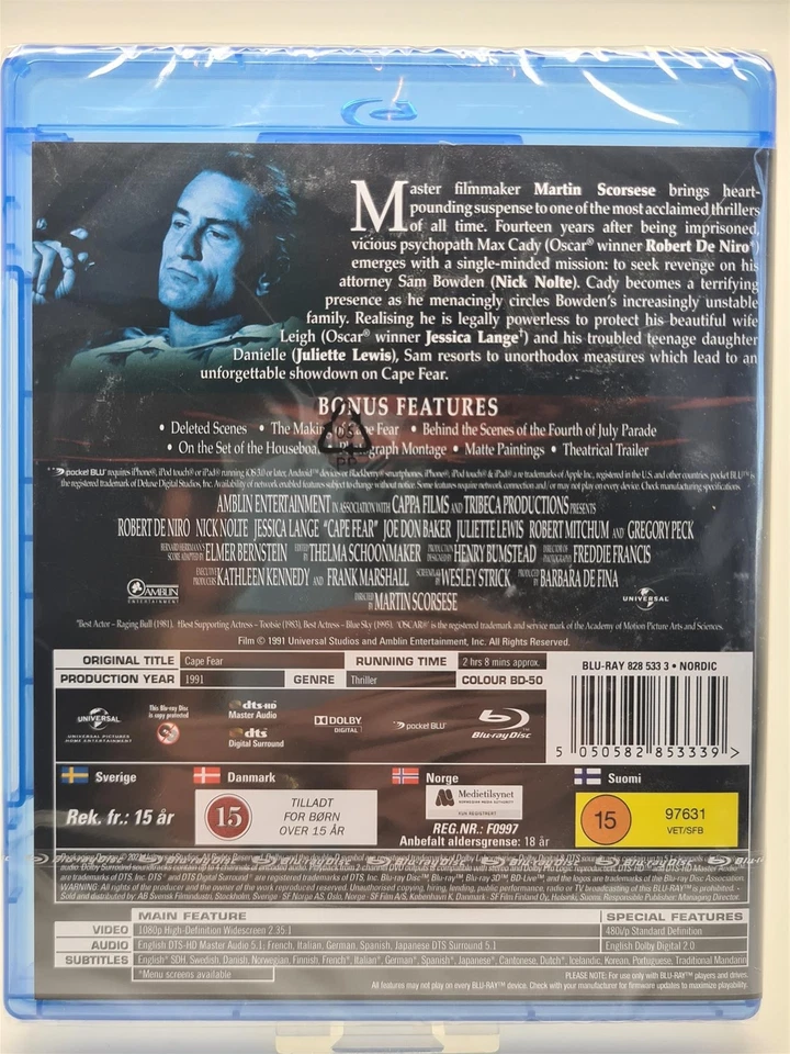 Blu-ray - Cape Fear - Robert De Niro (Danish Import) English Language New Sealed - Image 2 of 2