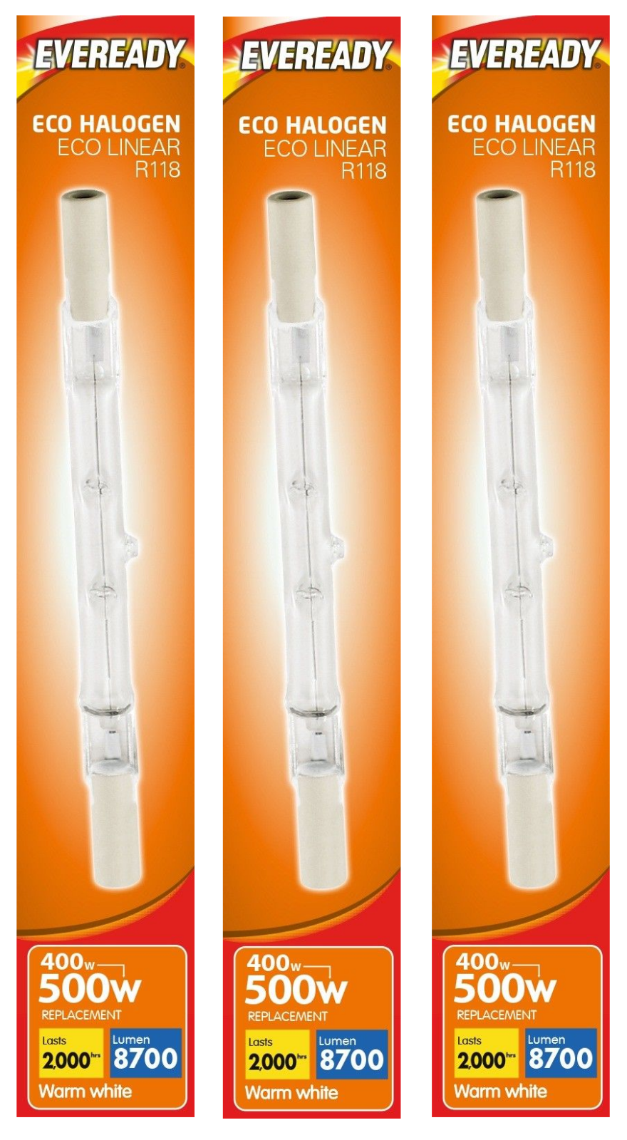 x 3 Eveready 400w (500w) 118mm Energy Saving R7s Tungsten Halogen 