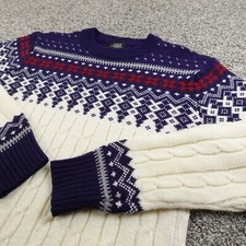 VTG Cable Knit Sweater Womens M White Blue Nordic Fair Isle Crewneck Sweatshirt