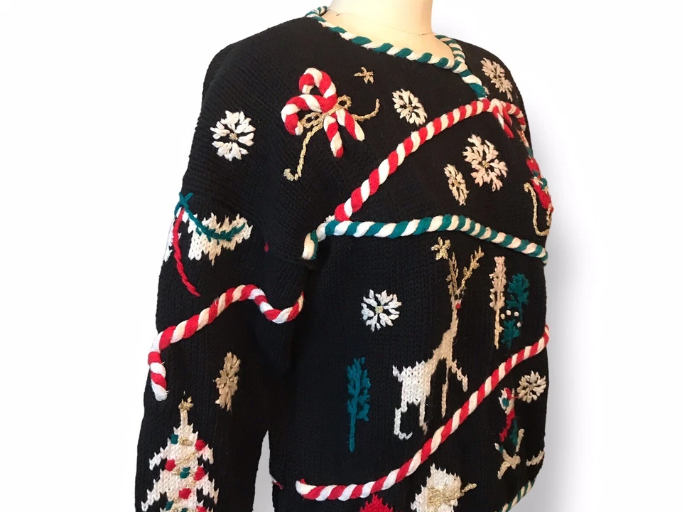 Suéter De Colección Años 80 DBL Negro Feo Navidad Bastones de Caramelo Mezcla de Algodón Talla L Foto 4 de 4