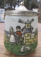 SUPERBE ANCIEN POT A BISCUIT DECOR EMAILLE MOULIN BRETON  