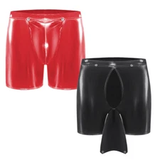 Mens Shiny PU Leather Boxer Shorts Front Open Pouch Latex Underwear Trunks S-5XL
