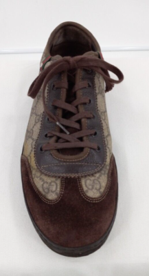 GUCCI Dark Brown GG Monogram Canvas Leather & Suede Men's Sneakers