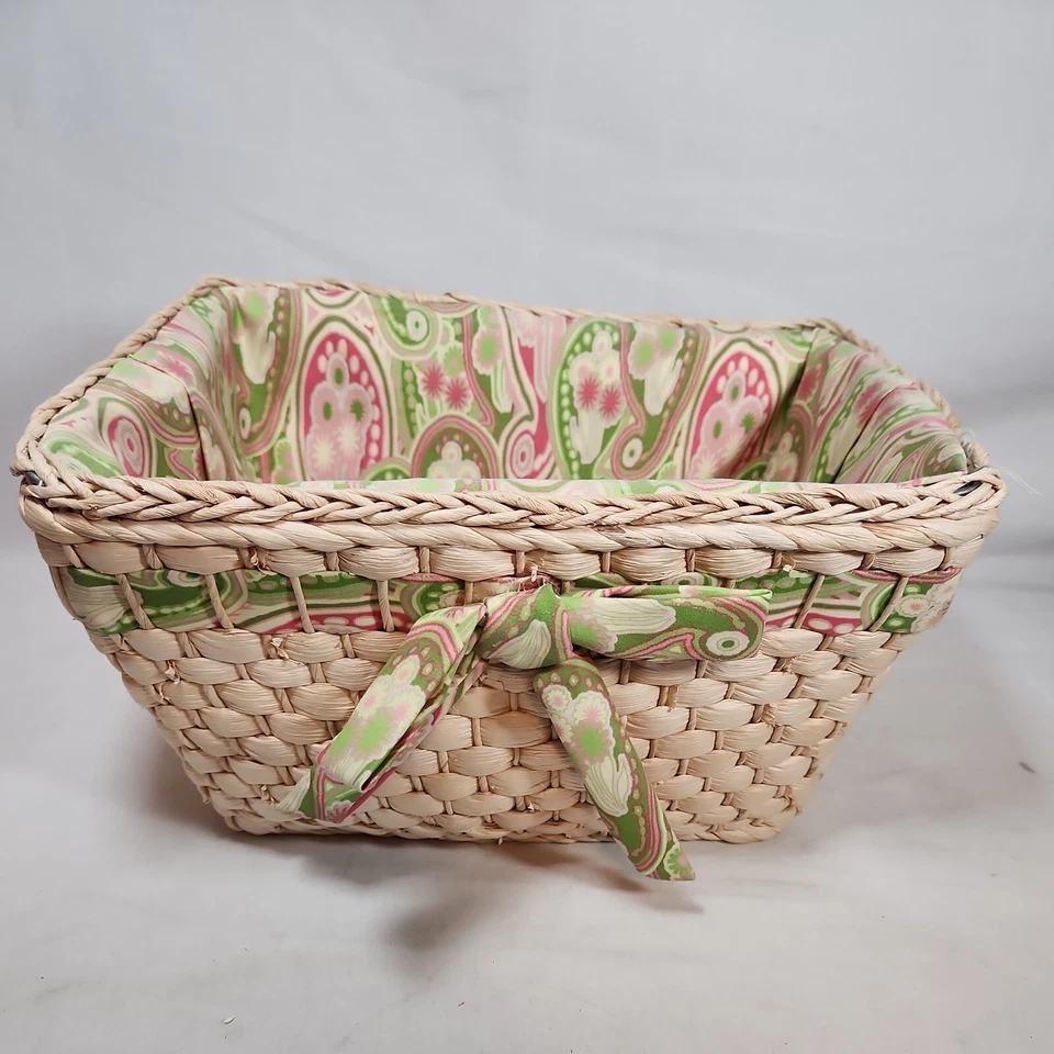 Woven Basket Light w/ Patterned Fabric Lining Home Décor ~12" x 9" x 6" Paisley  - Image 2 of 4