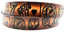 LUCKY 7 CARDS DICE 4 LEAF CLOVER EMBOSSED GENUINE COWHIDE LEATHER BELT USA MADE
