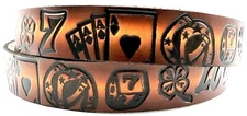 LUCKY 7 CARDS DICE 4 LEAF CLOVER EMBOSSED GENUINE COWHIDE LEATHER BELT USA MADE
