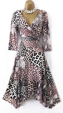 STAR Brown Mix Leopard Print Faux Wrap Midi Dress Sz 10 Hanky Hem Evening Party