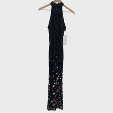 Mac Duggal NEW NWT Black Multicolor Sequin Floral Halter Neck Gown Size 2