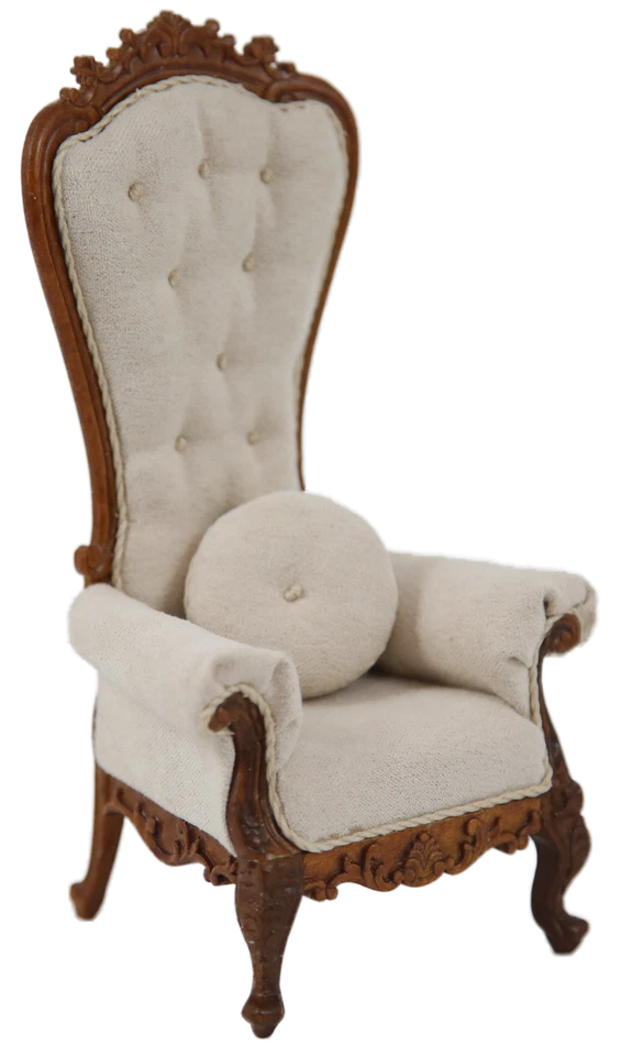 Dolls House Cream Walnut High Button Back Armchair JBM Living Room Furniture - Image 1 of 1